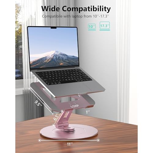 Ultra-Stable Swivel Laptop Stand for Desk, 300% Larger Base Stability, Military-Grade Aluminum, Height Adjustable Stylish Laptop Stand for Women, Suitable for 10"-17.3" Laptops Rose Gold