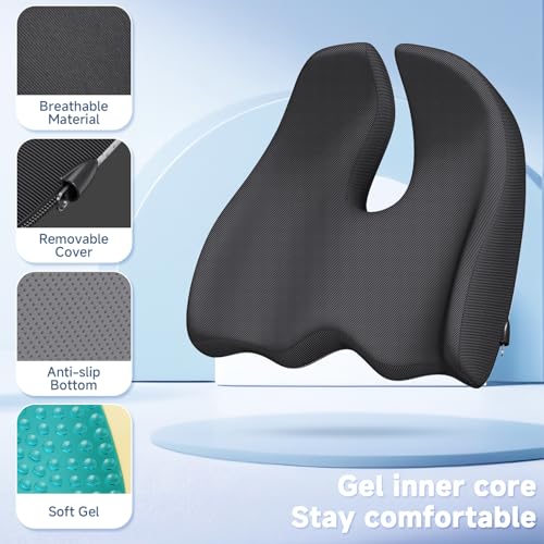 Benazcap Gel Seat Cushion for Office Chair Ergonomic Cushions-Gel & Memory Foam Coccyx Butt Pillow for Sciatica & Back Pain Relief for Long Sitting for Gaming Chair and Car Seat-Black
