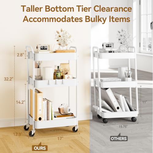 YASONIC White 3-Tier Metal Utility Cart with Wheels - Heavy-Duty Storage Organizer