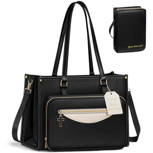 Ytonet Bible Bags for Women - Premium PU Leather Bible Tote Bag with Zippered Bible Cover Case, Elegant Church Bag with Cross Zipper Design for Bible Study Supplies, Christian Christmas Gift, Black