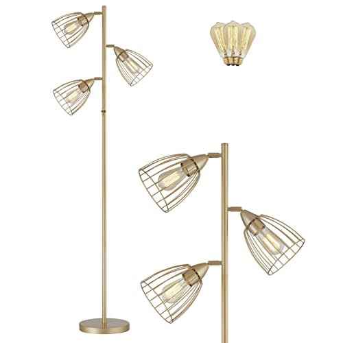 WOXXX Industrial Floor Lamp for Living Room Bright Lighting Tall Stand Up Lamp Farmhouse Rustic Modern Gold Tree Floor Lamps for Bedrooms, Office with Reading Light Standing Lamp 3 LED Bulbs Included
