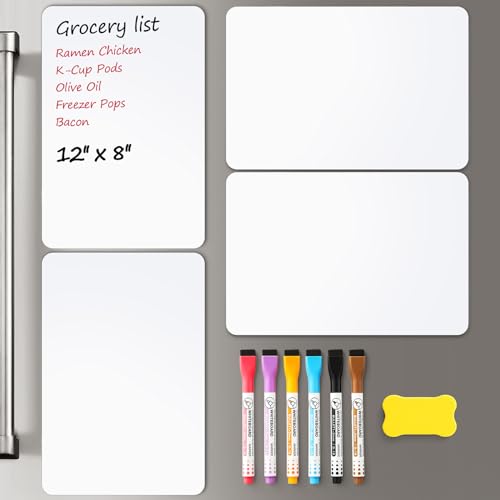 4 PACK Magnetic Dry Erase Board Sheet for Fridge, 12"x8" Erasable Refrigerator WhiteBoard w/ 6 Markers & 1 Eraser- Smooth and Flexible Small Magnet Blank Notepad for Home Kitchen Organizer and Planner