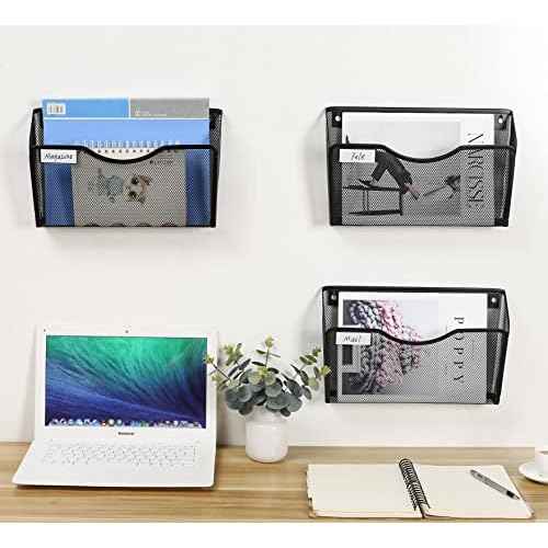 EasyPAG Wall File Organizer with Label Panel 6 Single Pocket Mesh Hanging File Folder Organizer for Letter/A4 Size Folders Wall Mounted Vertical Mail Holder for Paperwork, Office, Home, School, Black