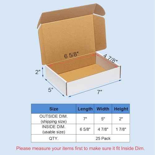 Shipping Boxes 7x5x2" 25 Pack - White Corrugated Cardboard Box Mailers for Small Business, Literature Mailer Box Packaging Supplies