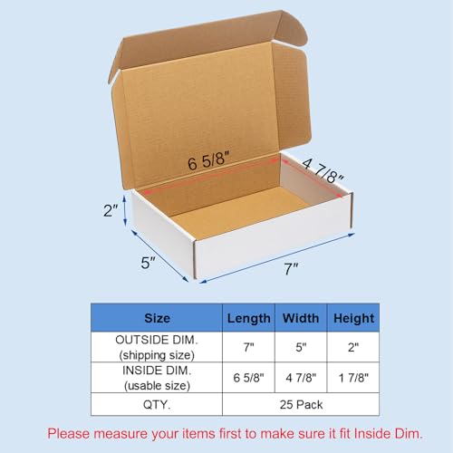 Wowxyz 7x5x2 Inch White Shipping Boxes 25 Pack - Corrugated Cardboard Mailers for Small Business