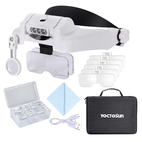 YOCTOSUN Headband Magnifier 1X-14X with Storage Case - Rechargeable LED Light, 6 Lenses, Hands-Free Jewelry & Crafts