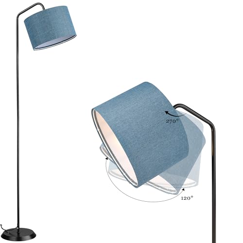 ELYONA LED Floor Lamp with 3 Color Temperatures, Modern Reading Standing lamp with Blue Linen Adjustable Hanging lampshade, Tall Pole Metal Lamp with 9W Bulb for Bedroom, Living Room, Office