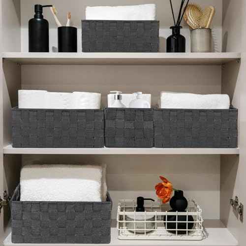 Woven Polypropylene Basket Set of 8, Woven Storage Basket, Woven Strap Baskets, Woven Basket Organizer for Bedroom, Bathroom, Office, Shelf, Dresser, Kitchen, Pantry, Black