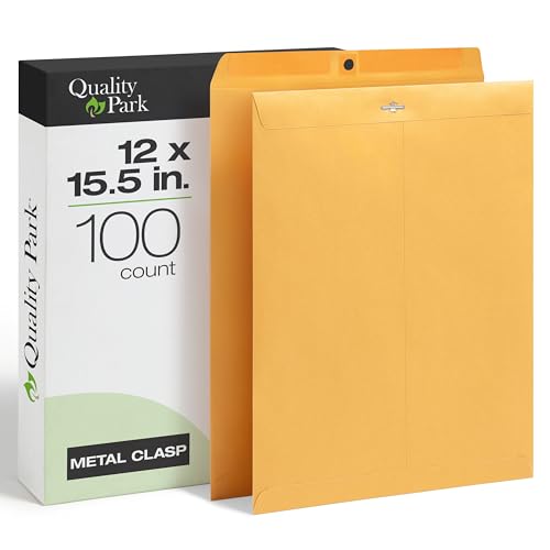 Quality Park 12 x 15.5 Clasp Envelopes with Gummed Flaps, Heavyweight Kraft, 100 Pack