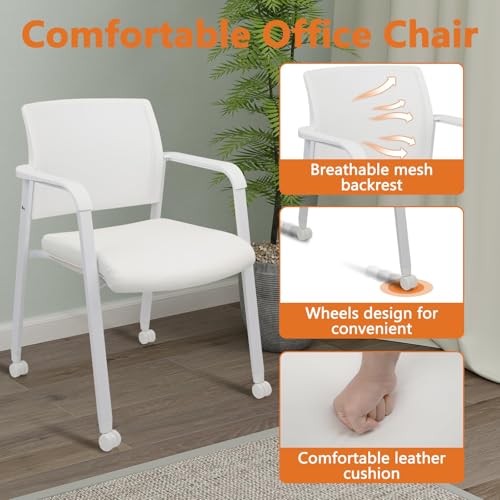 CLATINA 2-Pack White Stacking Office Chairs with Wheels – Mesh Back, Thick Leather Seat & Arms, Ergonomic Lumbar Support