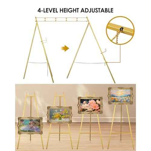 Gold Easel Stand for Wedding Signs with Adjustable Chain, Heavy Duty Metal Display Stand for Art, Welcome Signs, Posters, Pictures, Paintings,Posters & Commercial Display