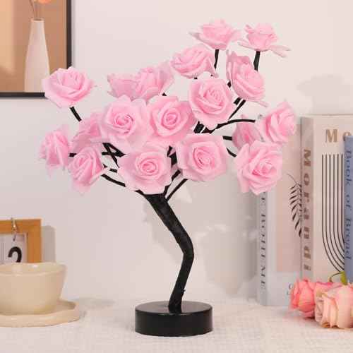 Drawelry Rose Flower Tree Lamp - LED Rose Tree Table Lamp USB/Battery Powered Artificial Bonsai Flower Night Light for Bedroom Living Room Party Wedding Birthday Decor (Pink)
