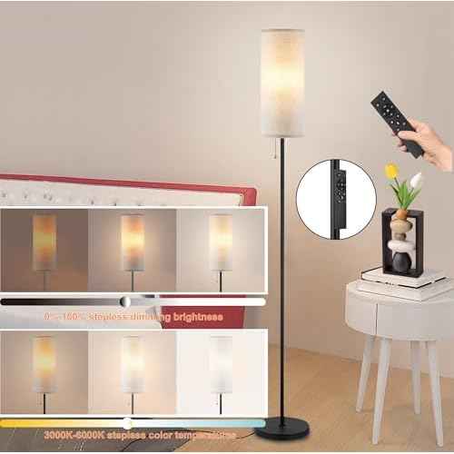 Floor Lamp for Living Room, Modern Standing Lamps with Lampshade, Minimalist Tall Lamp with Chain Switch for Living Room, LED Bulb Included (Beige Shade-Remote Bulb)