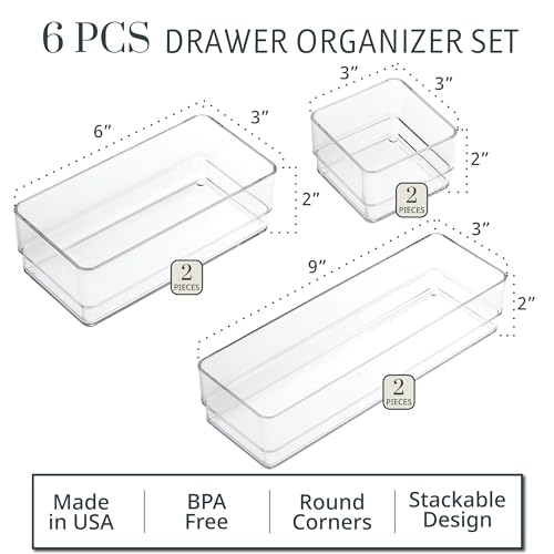 STORi Multi-Size Drawer Organizer Bins - 6 Pack, Clear Storage for Bathroom, Makeup & Desk