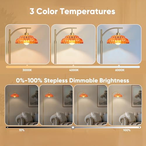 Glass Floor Lamp for Living Room, Standing Lamp with Remote, Dimmable Tall Lamps with Orange Glass Shape, Mid Century Modern Floor Lamps for Bedroom, 12W LED Bulb Included