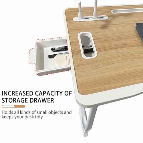 Laptop Desk for Bed, Laptop Bed Tray Table with Storage Drawer and Cup Holder, Laptop Bed Desk Tray with USB Charge Port, Foldable Bed Table for Writing Working Reading (Yellow)