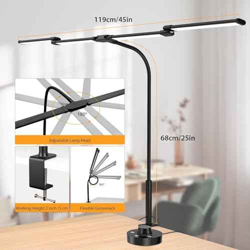 Desk Lamp, Clamp Desks Lamps for Home Office, 24W Flexible Gooseneck Table Lamp, 10 Color Modes & Brightness Eye-Caring Desk Light w/USB Adapter (12V2A Black)