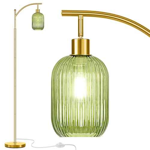 Glass Floor Lamp for Living Room, Modern Green Standing Lamp with Ribbed Glass Lampshade Pedal Switch, 67¡± Tall Lamp for Bedroom Study Room