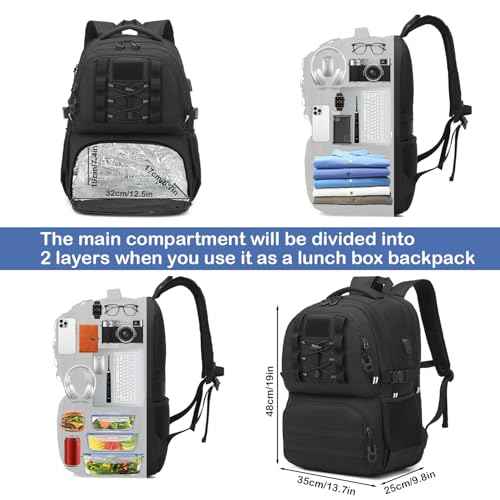 Laptop Lunch Backpack for Men - 40L Large Capacity Work Backpack with Lunch Compartment and USB Post, RFID Insulated Cooler Backpack for Work, Travel, Picnic, Black