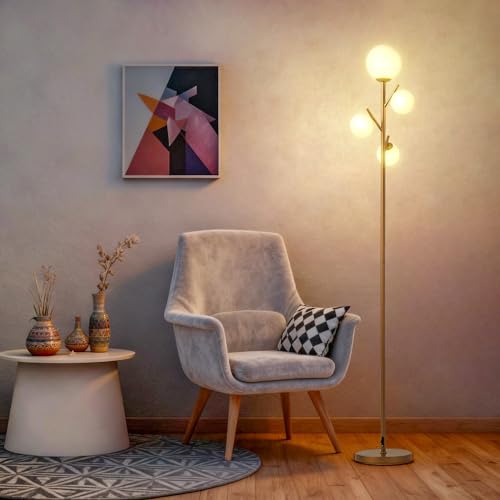 Fiqevs 4 Globe Gold Floor Lamp, Modern Sputnik Tree Standing Lamp with Frosted Glass Ball Lampshade & 3000K LED Bulbs, Mid Century Contemporary Tall Lamp for Living Room, Bedroom - Antique Brass