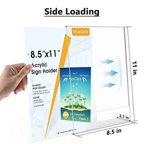 MaxGear Acrylic Sign Holder 8.5 X 11, Plastic Paper Holder With Vertical Slanted Back, Picture Photo Frames Display Stand Flyer and Document Organizer for Office Desktop Use, 10 Pack