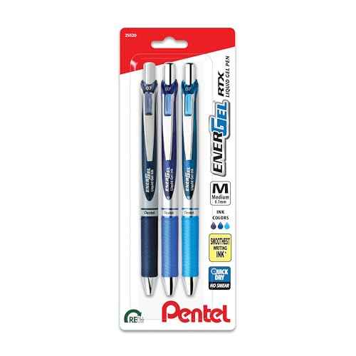 Pentel EnerGel RTX Retractable Liquid Gel Pen, 0.7mm, Note-Taking Hue, Navy, Blue, and Sky Blue Ink, Pack of 3 Pens (BL77LBNBP3M)