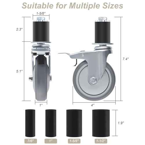 ERKOON Prep Table Caster Wheels Set, 4 Heavy duty Expanding Stem Casters legs Fit 7/8", 1", 1-1/2", 1-5/8" Tube Leg Stainless Steel Table for Stainless Steel Furniture Legs,Cart, Kitchen Workbench(4")