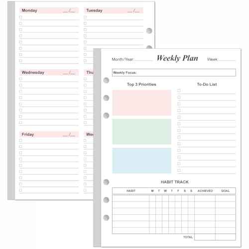 Weekly Planner Refills for A5 Binders - 53 Sheets/106 Pages Undated Colorful Weekly Planner, 6-Hole Punched, 100 gsm White Paper, Lasts 1 Year, Undated, 5.8" x 8.3"