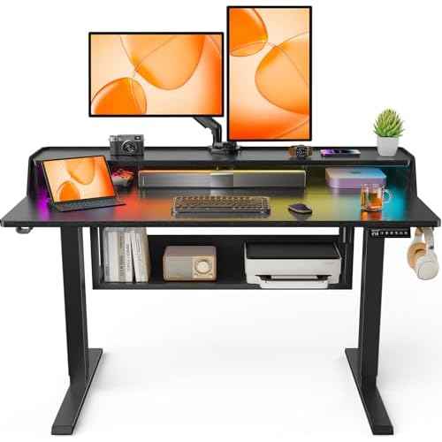 ErGear Standing Desk, 48" x 24" Electric Height Adjustable Desk with Storage Shelves, C-Clamp Mount Compatible Gaming Desk, Ergonomic Sit Stand Up Down Computer Table with LED Light for Home, Black