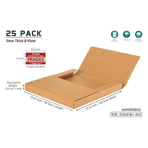 12" Record Mailers, 12.8"L x 12.8"W x 1"D Vinyl LP Shipping Boxes for Mailing Packaging Moving Storage, with Fragile Stickers, Brown, 25 Pack