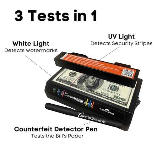 Dri Mark Tri Test - Counterfeit Bill Detector Machine w/AC Adapter - 3 Tests in 1 - Paper, Security Strip and Watermark Tests, Accurate Money Tester Machine with Counterfeit Detection Pen