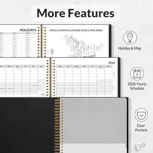 SUNEE 2026 Weekly and Monthly Planner - from January 2026 - December 2026, 6.4" x 8.3" Daily Agenda Planner with Monthly Tab, Flexible Cover, Note Pages, Pockets, Bookmark, Spiral Binding, Black