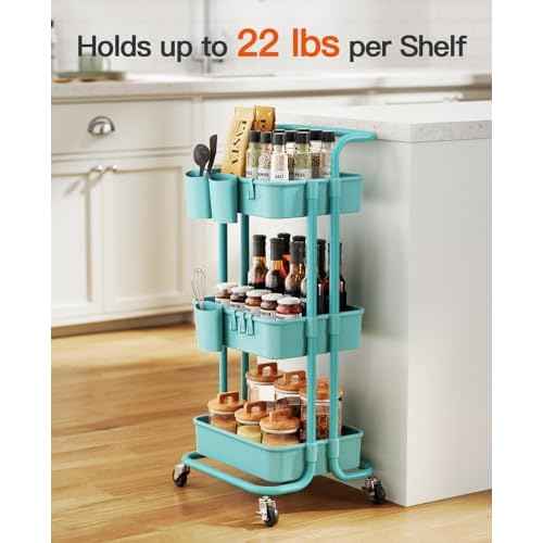 Pipishell 3 Tier Rolling Cart with Wheels - Rolling Storage Cart with 3 Hanging Cups & 4 Hooks - Art & Craft Carts Organizer for Office, Kitchen, Craft Room, Bedroom, Laundry Room (Turquoise)