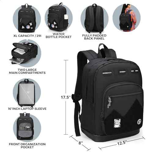 Swissdigital Design Cool Backpack, Stylish School Laptop Backpack with Fun Personalized Patches Fits 16 Inch Notebook, Travel Casual Bag Pefect for Boys & Girls, Black | BERIKON - Includes 3 Patches