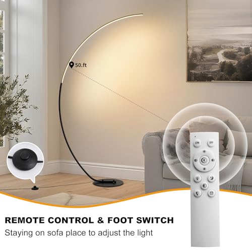 POWROL Arc Floor Lamp, 65" Tall Standing Modern LED Floor Lamps for Living Room, 3000K-6500K Dimmable with Remote, Night Mode, Arched Reading Corner Floor Lamp for Bedroom Office