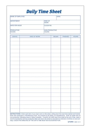 Employee Time Tracking Sheets 6x9.5 Inches, 200 Sheets for Office Records