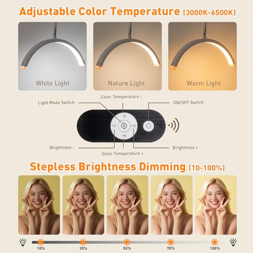 HITTI Lash Light for Eyelash Tech, Flexible Gooseneck LED Half Moon Floor Lamp for Esthetician & Artists,Tattoo, Extensions, Nail, Beauty, Craft, Adjustable Height, Dimmable Brightness and Color-White