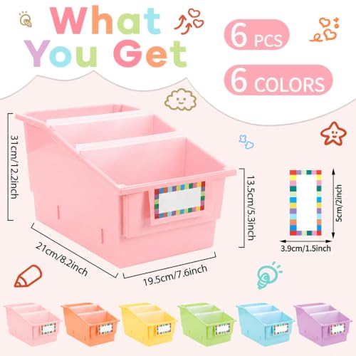 Candy Color 6 Pack Classroom Book Bins with Dividers & Labels – Storage Organizer