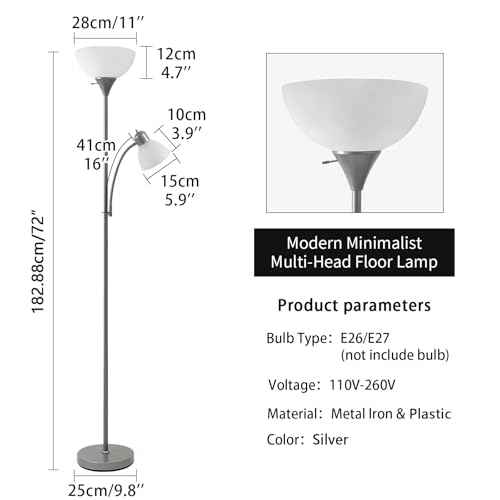 HonoDing Adjustable Silver Floor Lamp with Reading Light Susan Modern Standing Lamps for Living Room/Office Lamp 72" Tall - 150-watt with Side Reading Light Corner Lamps (Silver)