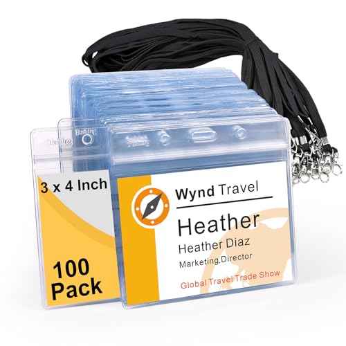 Name Badge Holders with Lanyards - Fushing 100Pcs Clear Plastic Horizontal Name Tag Badge ID Card Holders and Lanyards for 3 x 4 Inch Name Badge Inserts or Name Tag Inserts
