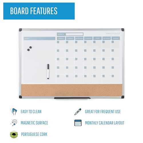 MasterVision Magnetic Dry Erase Monthly Calendar Planner Push Pin Corkboard Combo with Marker Tray, 24" x 36", Gray Plastic Frame, White, MB0707186P