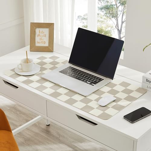 Ohocut Khaki Checkered Desk Mat 31.5 x 15.7 Inches Large PU Leather Office Desk Protector