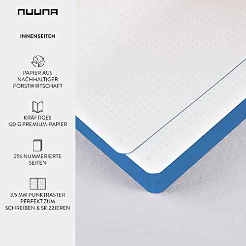 nuuna Notebook A5+ | Graphic L - Eyes On You | 3.5 mm Dot Grid | 256 Numbered Pages | 120 g Premium Paper | Blue Leather | Sustainably Produced in Germany
