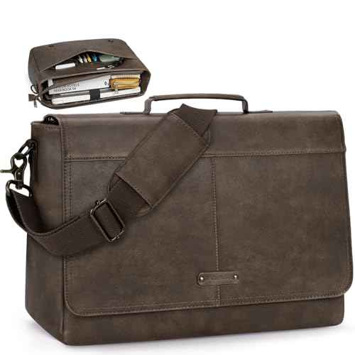 RAINSMORE Vintage Flap Messenger Bag for Men PU Leather Laptop Bag 15.6 Inch Mens Briefcase Waterproof Satchel Computer Bag