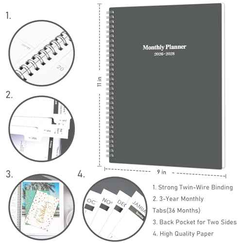 2026-2028 Monthly Planner/Calendar - January 2026 - December 2028, 3 Year Months Planner 2026-2028, 9'' x 11'', 36 Monthly Tabs, 2-Side Pocket, Gray