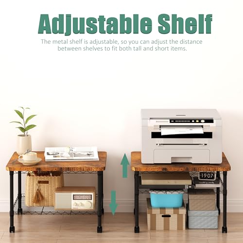 Printer Stand, Under Desk Table, Adjustable Heights 2 Tier Table with Wheels, Industrial Under Desk Heavy-Duty Mobile Cart, Shelf for Small Spaces, Home Office, Rustic Brown