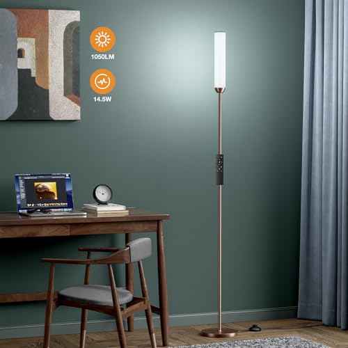 LED Floor Lamp with Remote Control, 65" Standing lamp with Stepless Adjustable 3000K-6500K Colors & 5%-100% Brightness, Foot Switch(Brown)