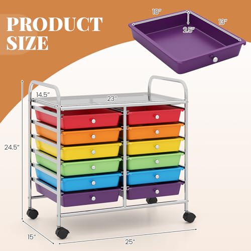 RELAX4LIFE 12-Drawer Rolling Storage Cart, Colorful 24.5'' Mobile Craft Organizer