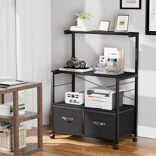 VECELO Lateral File Cabinet with 3 Shelf, 2 Drawer File-Cabinet on Brakeable Wheels, Large Printer Stand with Open Storage Shelf fits Letter Size for Home Office, Black