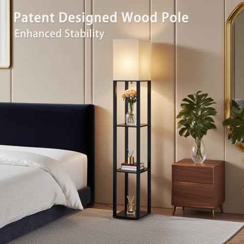 Floor Lamp with Shelves, Modern Square Shelf Lamp for Living Room, Corner Display Standing Lamp, Tall Lamp with White Shade for Bedroom, Office, Home Decor (Black)